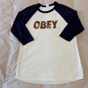 Obey Navy and Cream Raglan Tee